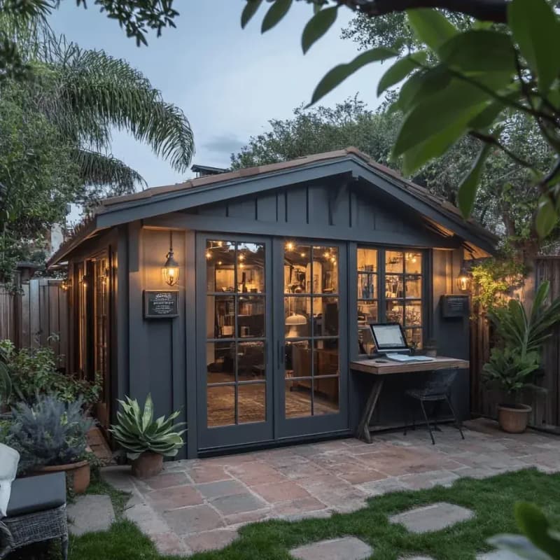 Backyard office with a desk and shelves