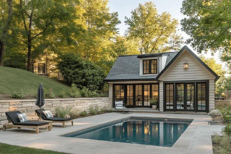 Pool house beside a swimming pool