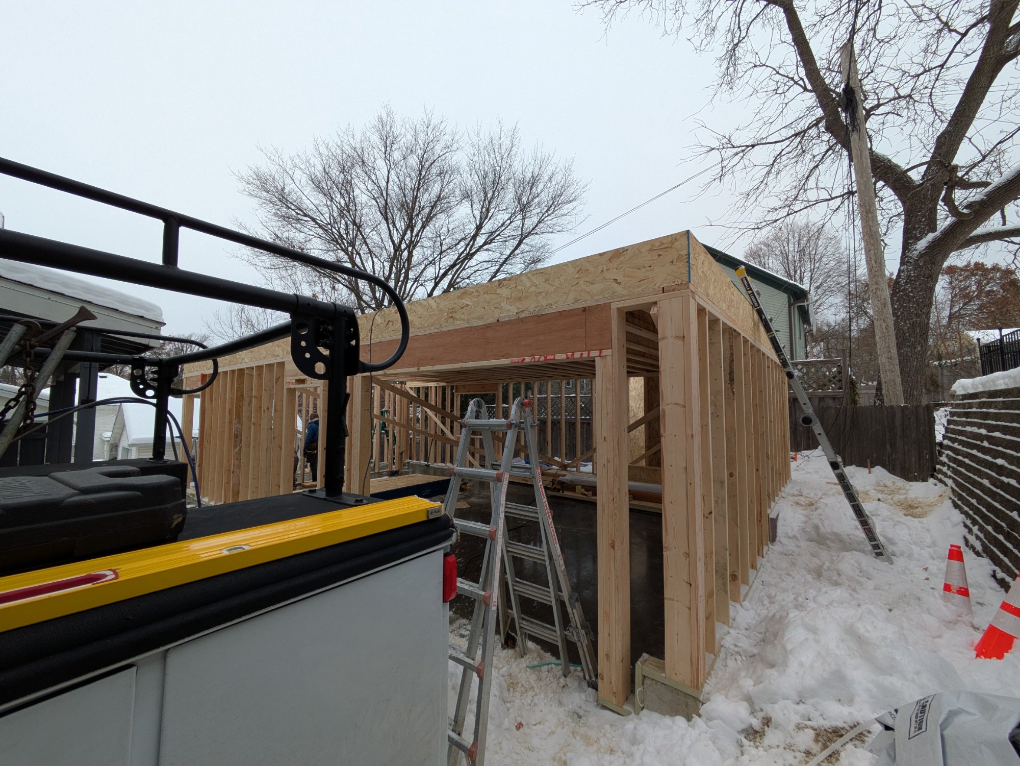 Interior wood framing of 700 sq ft ADU above garage — Madison WI construction