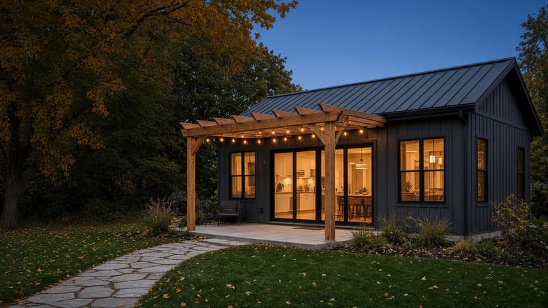 Illustration of a small home at dusk