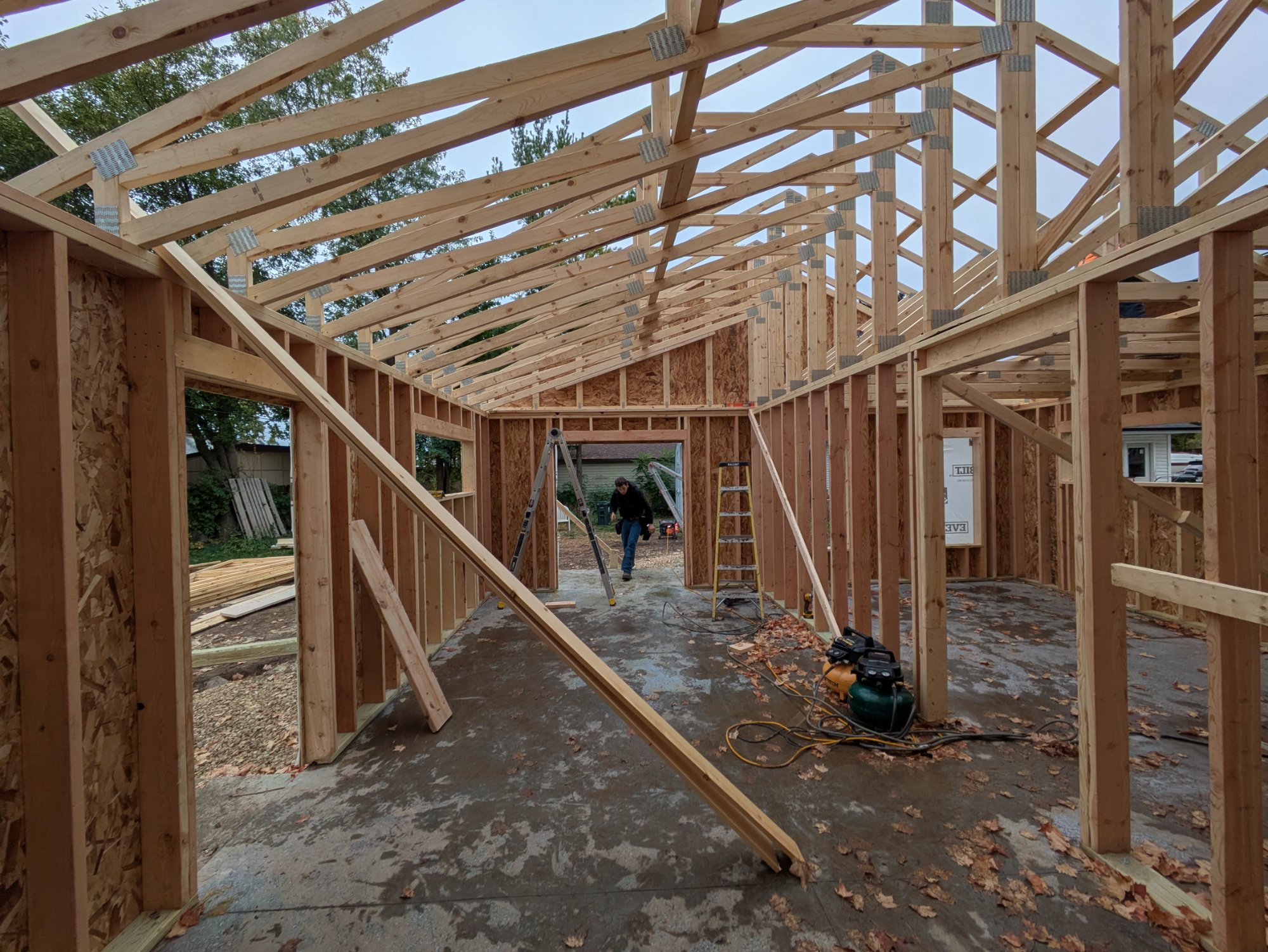 Full interior framing with vaulted truss system — North Side ADU Madison WI, October 2025