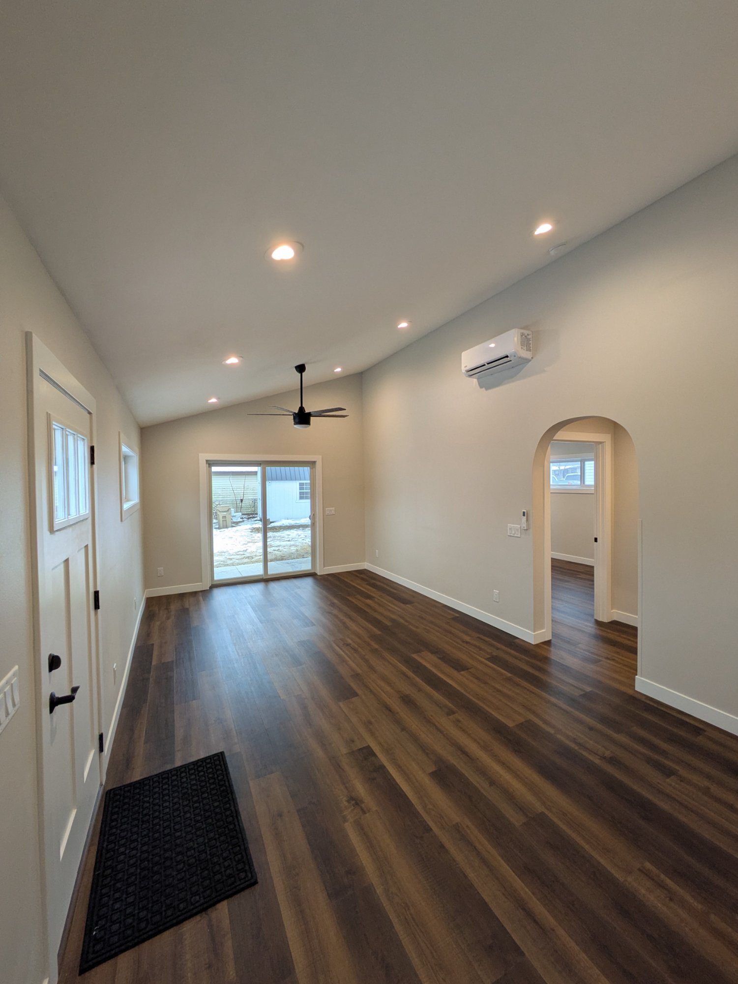 Single-story ADU interior — accessible layout, vaulted ceiling, mini-split — Madison WI