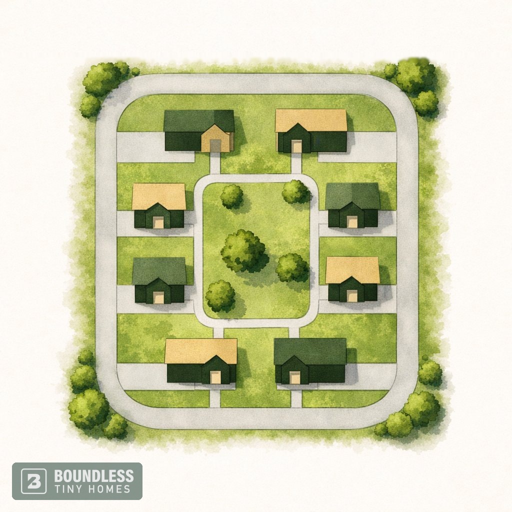 Aerial illustration of a cottage court layout — 8 small homes arranged around a shared courtyard on one lot
